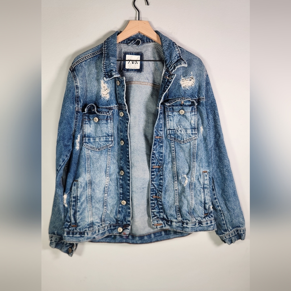 Zara Distress Ripped Denim Jacket Men's SZ Large